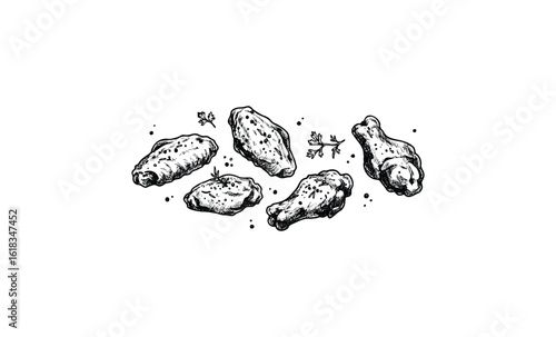 Black and white illustration of fried chicken wings with herbs. Vector retro hand drawn illustration