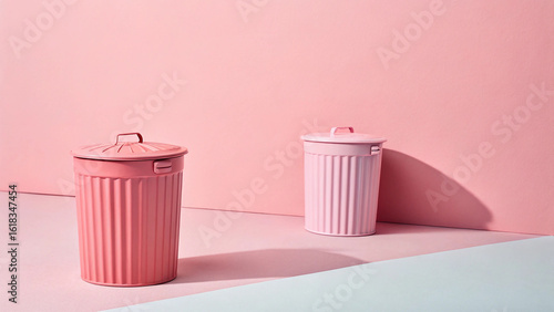 Two pastel pink trash cans against a pink wall