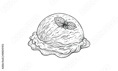 Hand-drawn ice cream scoop with mint garnish on white background. Vector retro hand drawn illustration