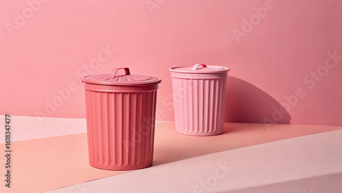 Two pink trash can shaped cups on a pink background