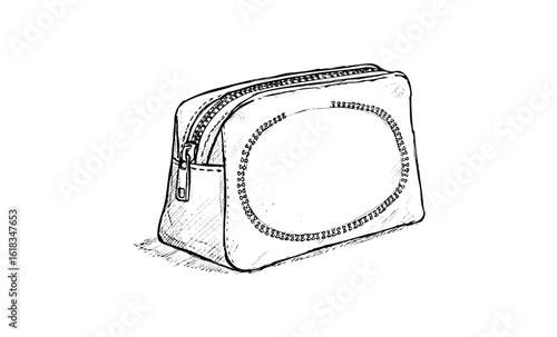 Detailed sketch of a zippered cosmetic bag with oval design. Vector retro hand drawn illustration
