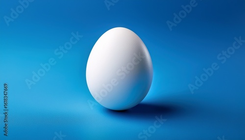 this photograph features a large white egg positioned on a bright blue surface highlighting its smooth texture and rounded shape against the contrasting backdrop