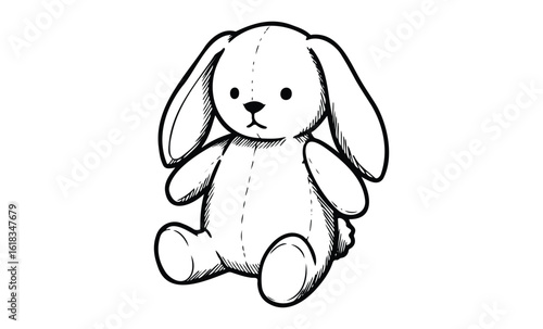Sketch of a sitting plush bunny toy on white background. Vector retro hand drawn illustration