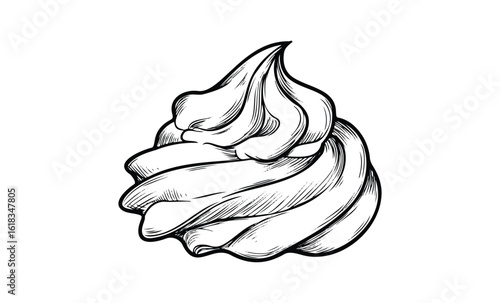 Black and white whipped cream sketch on white background. Vector retro hand drawn illustration