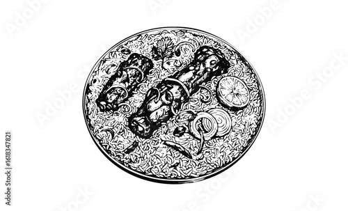 Intricate black and white drawing of traditional biryani dish with meat and lemons. Vector retro hand drawn illustration