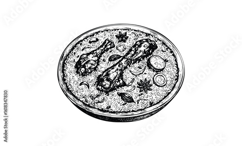 Hand-drawn engraving of aromatic biryani with chicken drumsticks and spices. Vector retro hand drawn illustration