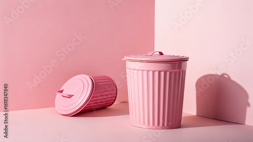 Retro pink trash can and lid in soft lighting