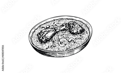 Black and white sketch of chicken biryani in an oval bowl. Vector retro hand drawn illustration