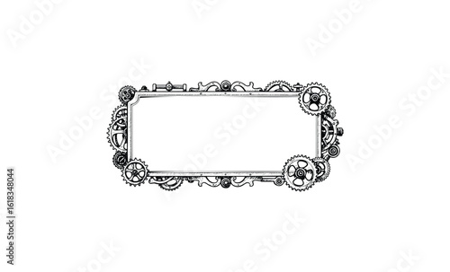 Intricate steampunk gear frame border design with mechanical elements. Vector retro hand drawn illustration