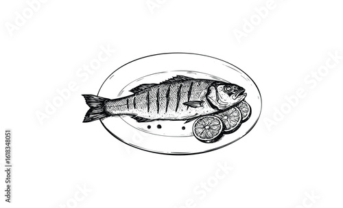 Illustration of grilled fish with lemon slices on a plate. Vector retro hand drawn illustration
