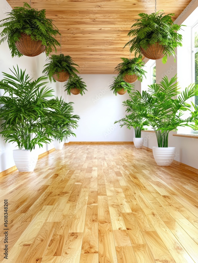 Fototapeta premium Bright and Airy Room with Wooden Floor and Lush Greenery.