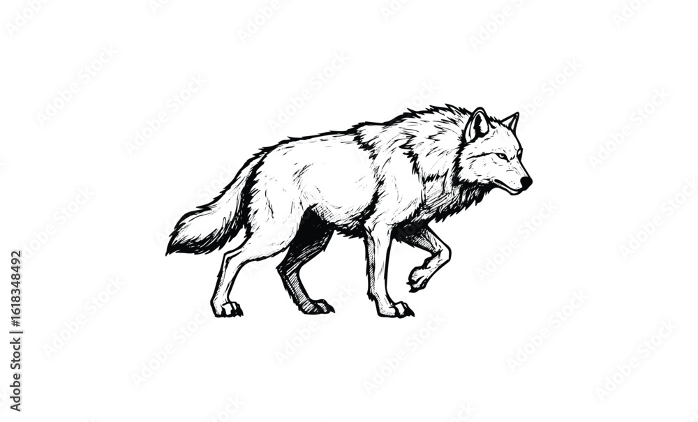 Fototapeta premium Walking wolf sketch in black and white with detailed fur texture. Vector retro hand drawn illustration