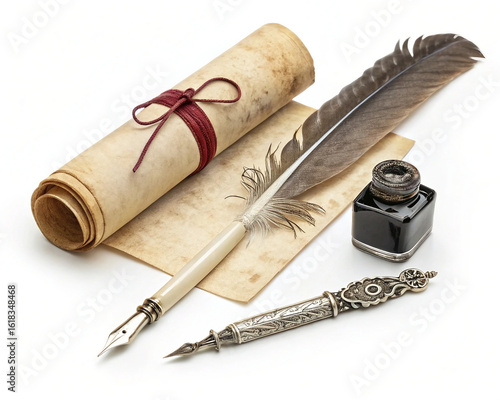 old paper with feather pen and ink,Vintage Writing Tools Set – Ink Pen, Quill, and Parchment Isolated on White Background