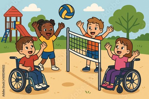 Inclusive Playground Vector Illustration – Kids & Wheelchair Users Playing Volleyball Together
