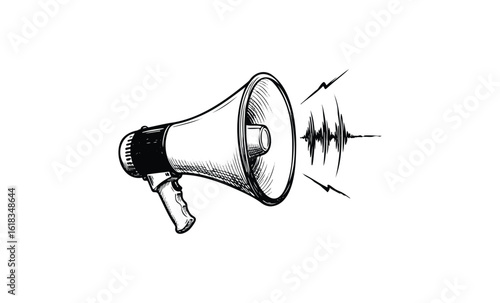 Vintage megaphone with sound waves in hand-drawn style. Vector retro hand drawn illustration