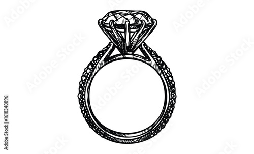 Intricate vintage diamond engagement ring line art design. Vector retro hand drawn illustration