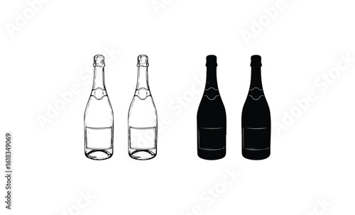 Line and silhouette drawings of champagne bottles on white background. Vector retro hand drawn illustration