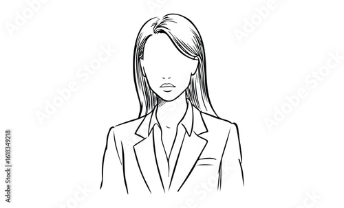 Female professional in business attire line drawing with long hair. Vector retro hand drawn illustration