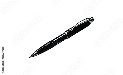 Black and white sketch of a classic retractable ballpoint pen. Vector retro hand drawn illustration