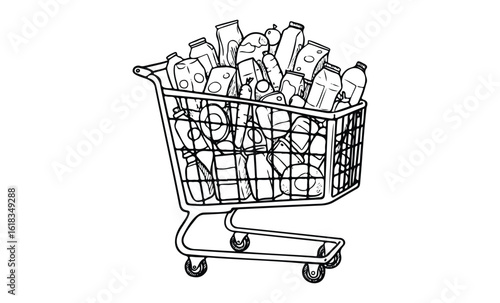 Shopping cart filled with various groceries and beverage cartons. Vector retro hand drawn illustration