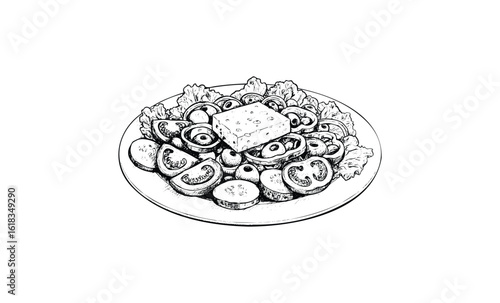 Greek salad composition with feta, olives, tomatoes, and lettuce. Vector retro hand drawn illustration