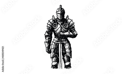 Medieval knight in full armor with sword illustration. Vector retro hand drawn illustration