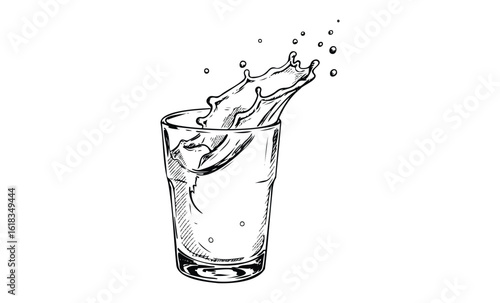 Splashing water in glass line art drawing. Vector retro hand drawn illustration