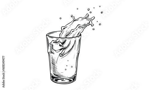 Dynamic splashing water in glass: artistic black and white drawing captures motion. Vector retro hand drawn illustration