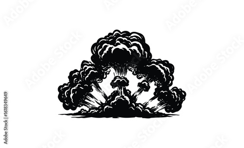 Monochrome explosion cloud graphic with dynamic energy display. Vector retro hand drawn illustration