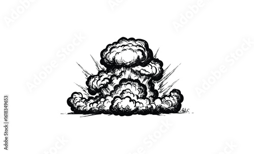 Monochrome explosion artwork with dramatic cloud formations and dynamic lines. Vector retro hand drawn illustration