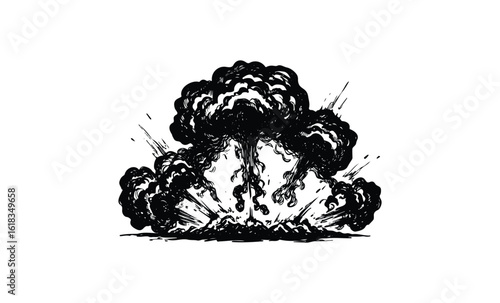 Abstract black and white explosion art with clouds and smoke. Vector retro hand drawn illustration