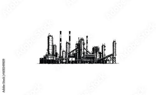 Industrial refinery complex silhouette with towers and pipes on white background. Vector retro hand drawn illustration