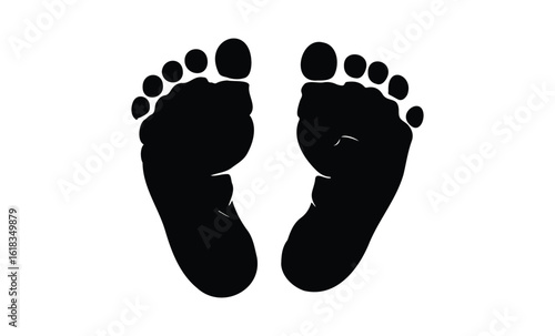 Black silhouette of baby footprints on white background. Vector retro hand drawn illustration