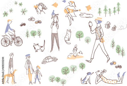 おでかけ、お散歩、旅のイラスト。アウトドアのイベントの広報物などに