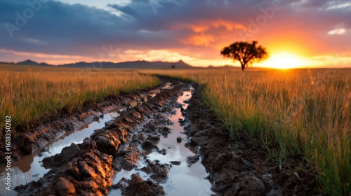A picturesque sunset illuminates a muddy trail winding through golden grass, creating a serene landscape that evokes tranquility and the beauty of nature.