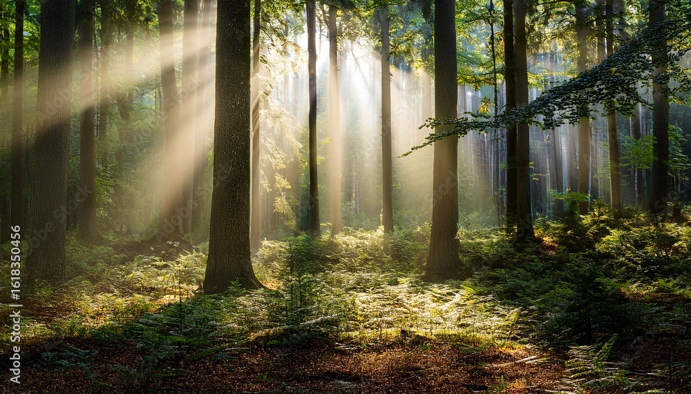 Obraz premium enchanted forest illumination captivating light beams in a mystical woodland setting