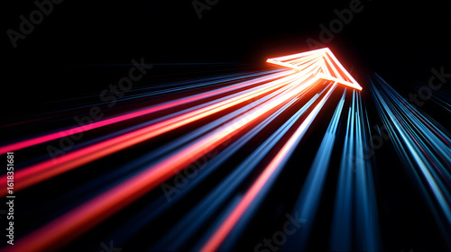 Bright red arrow with light streaks in the dark.