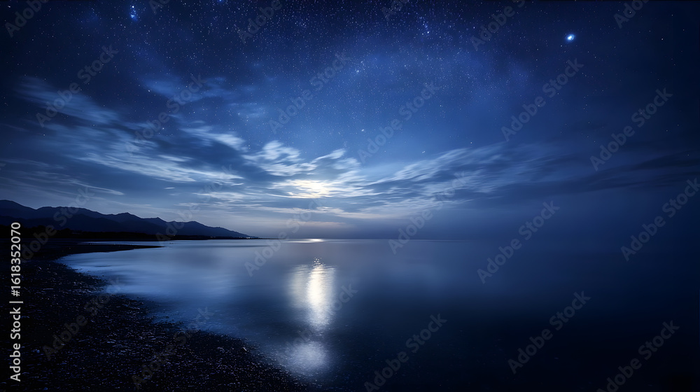 Fototapeta premium Calm night with starry sky and moonlit water.