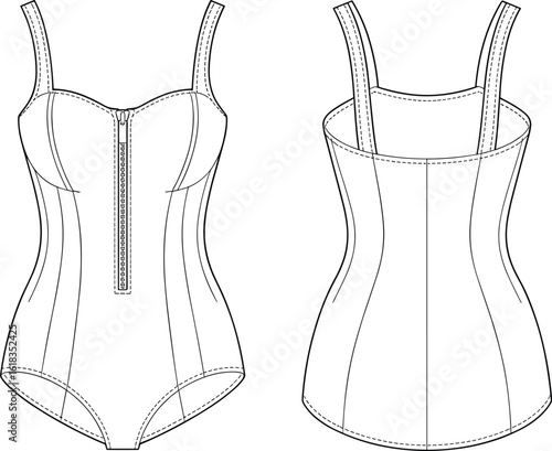 Women's Zipper Front Bodysuit Vector Illustration: Sweetheart Neckline with Bustier Boning Details, Front and Back Views, Ideal for Fashion Design, Lingerie, and Swimwear Technical Flats.