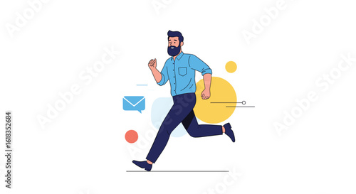 Man running quickly through abstract circles and email icon illustration