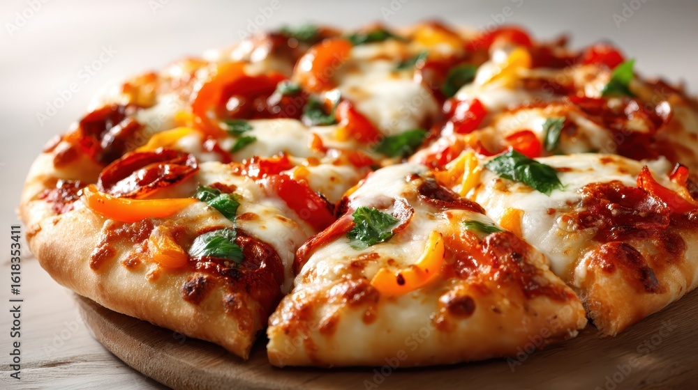 An appetizing pizza featuring a golden crust layered with gooey cheese, savory toppings, and vibrant vegetables, creating a mouthwatering culinary experience to savor. An appetizing pizza featuring a golden crust layered with gooey cheese, savory toppings, and vibrant vegetables, creating a mouthwatering culinary experience to savor.
