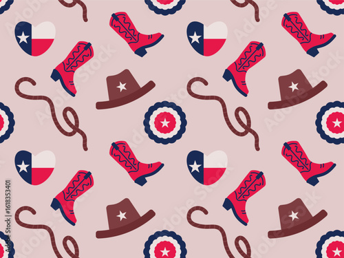 Seamless pattern with cowboy boots, hat, rope, Texas flag in heart shape, repeating background.