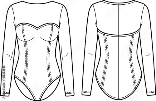 Women's Long Sleeve Bodysuit Vector Illustration: Sweetheart Neckline with Bustier Details and Seams, Front and Back Views, Ideal for Fashion Design, Lingerie, and Apparel Production.