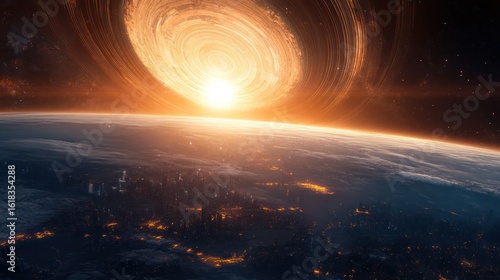 Vortex threatens Earth; celestial danger looms over a glowing cityscape