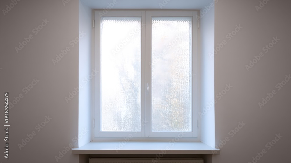 Fototapeta premium A window with frosted glass panes and a white frame set in a plain wall, no curtains or blinds visible,