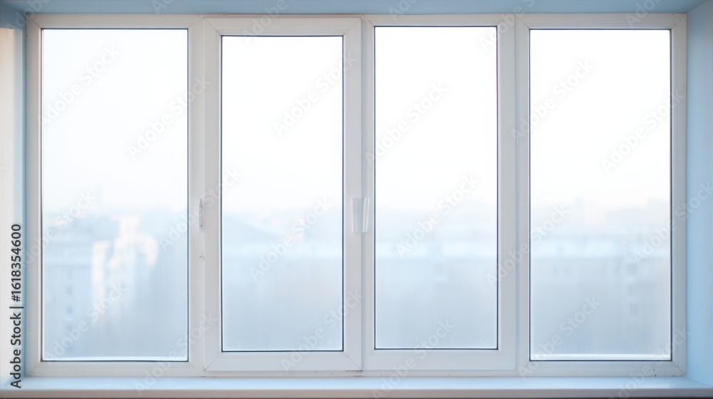 Fototapeta premium A window with four large panes on the left and one on the right, slightly ajar,