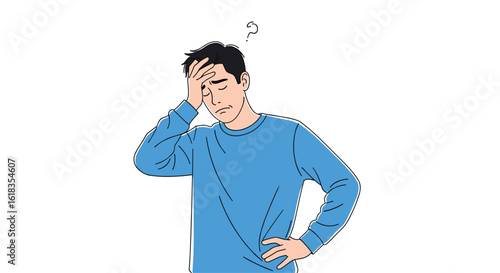 A young man expressing frustration and disappointment with a hand on his forehead and a confused expression