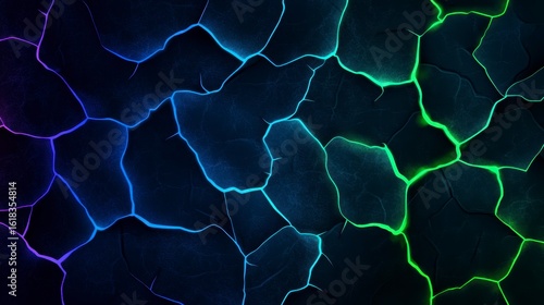 Vibrant neon abstract crack pattern lighting up a dark background with distinct blue and green lines