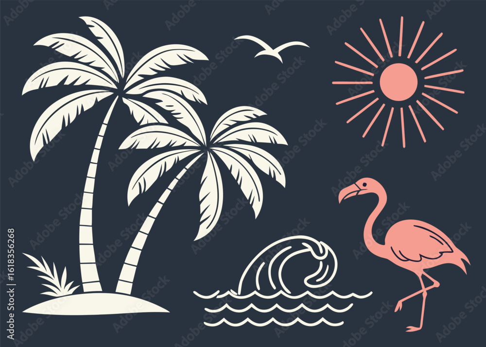 Naklejka premium Flat Vector Icons of Tropical Beach Elements with Palm Trees, Flamingos, Sun, and Birds