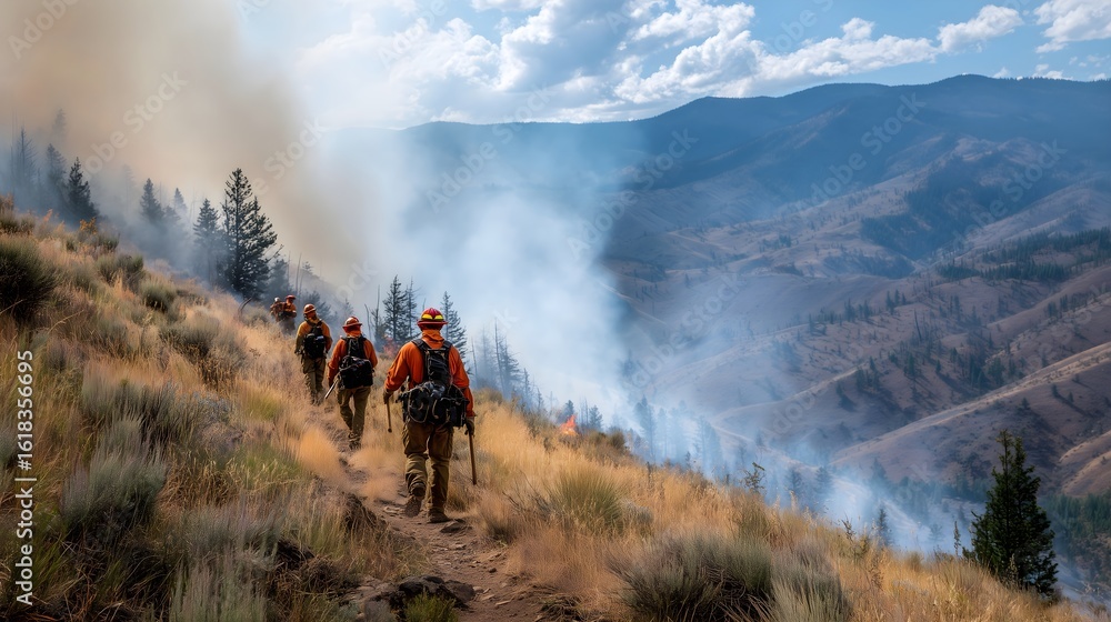 Obraz premium Brave firefighters battling intense wildfire in mountainous terrain at dusk. ideal for editorial use, environmental awareness campaigns, emergency preparedness content, and climate change visuals.